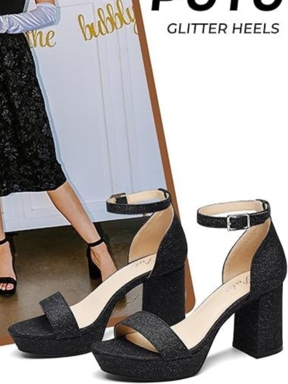 Putu Women's Rhinestone Glitter Block Heel Sandals Size 7